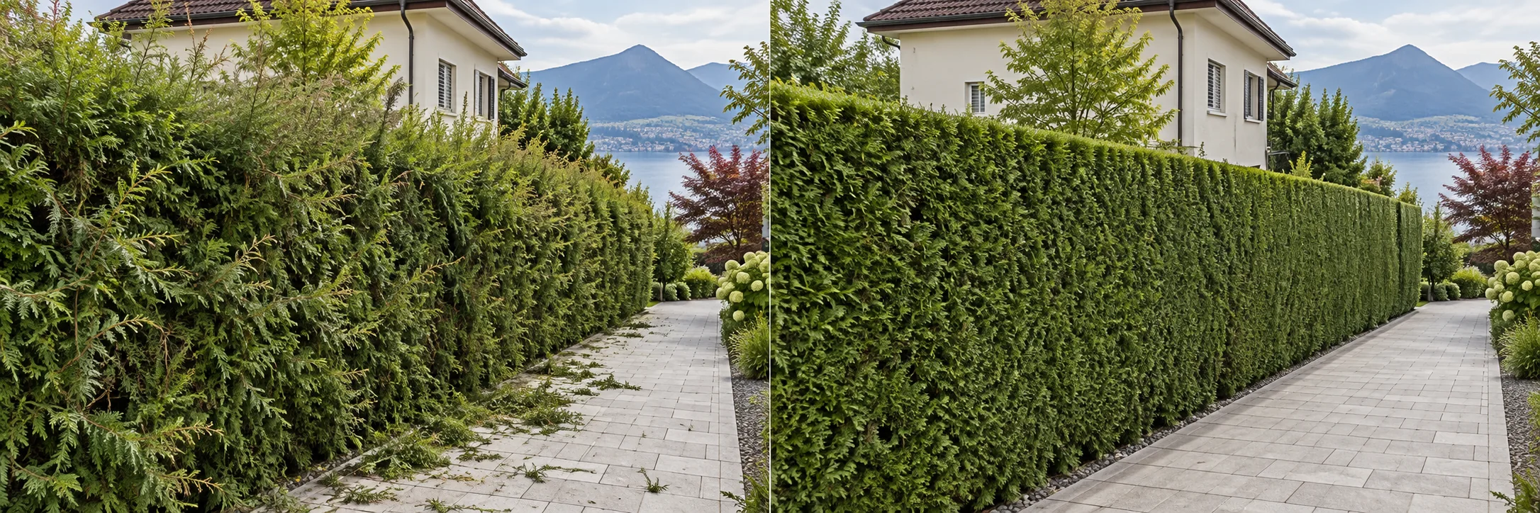 Gerade geschnittene Thuja-Hecke und sauberer Weg